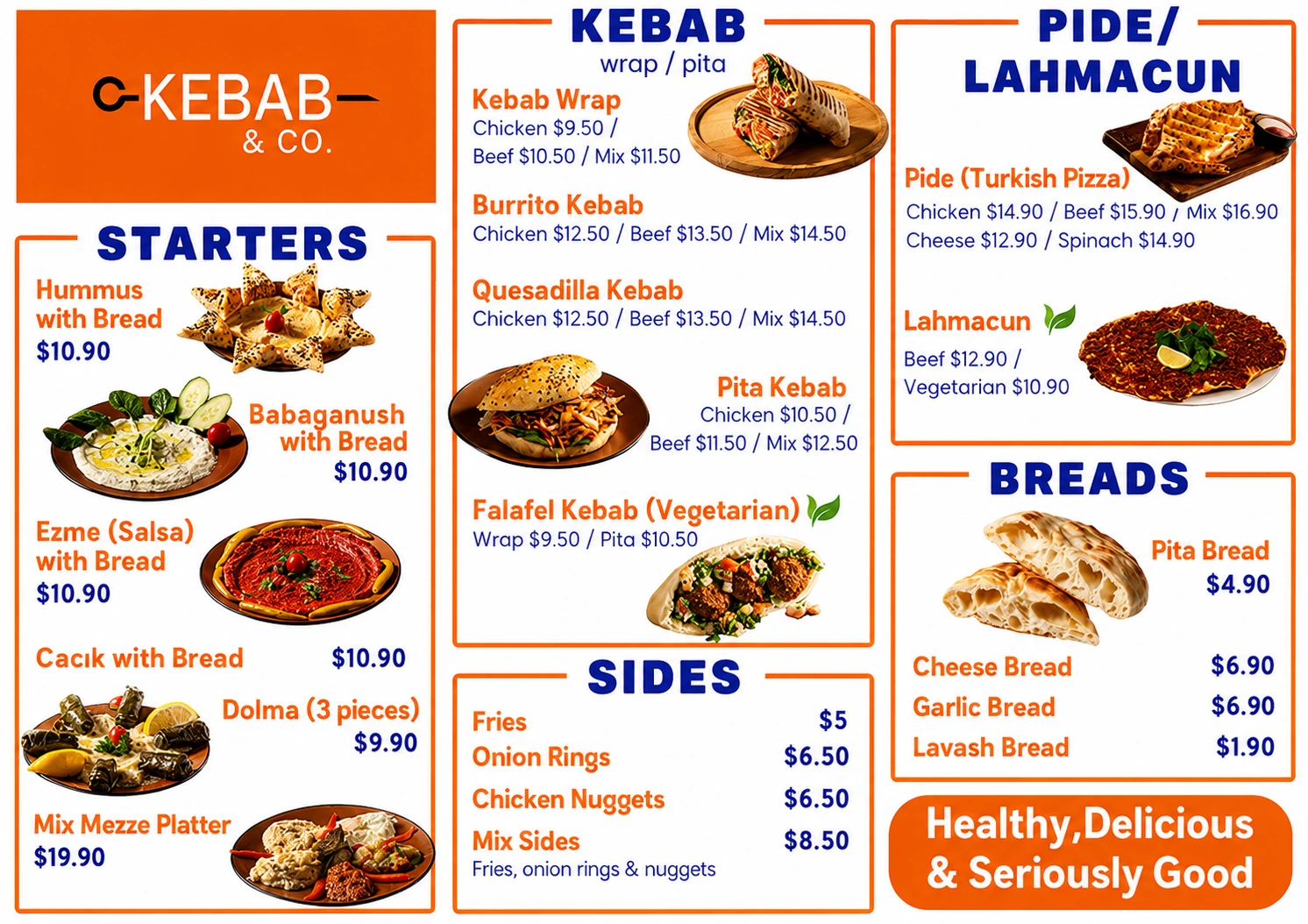 Crisp Orange and Blue Kebab Menu